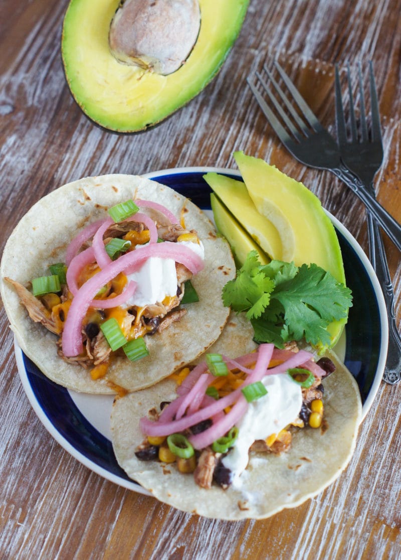 Two tacos on a blue plate with fresh cilantro and sliced avocado.