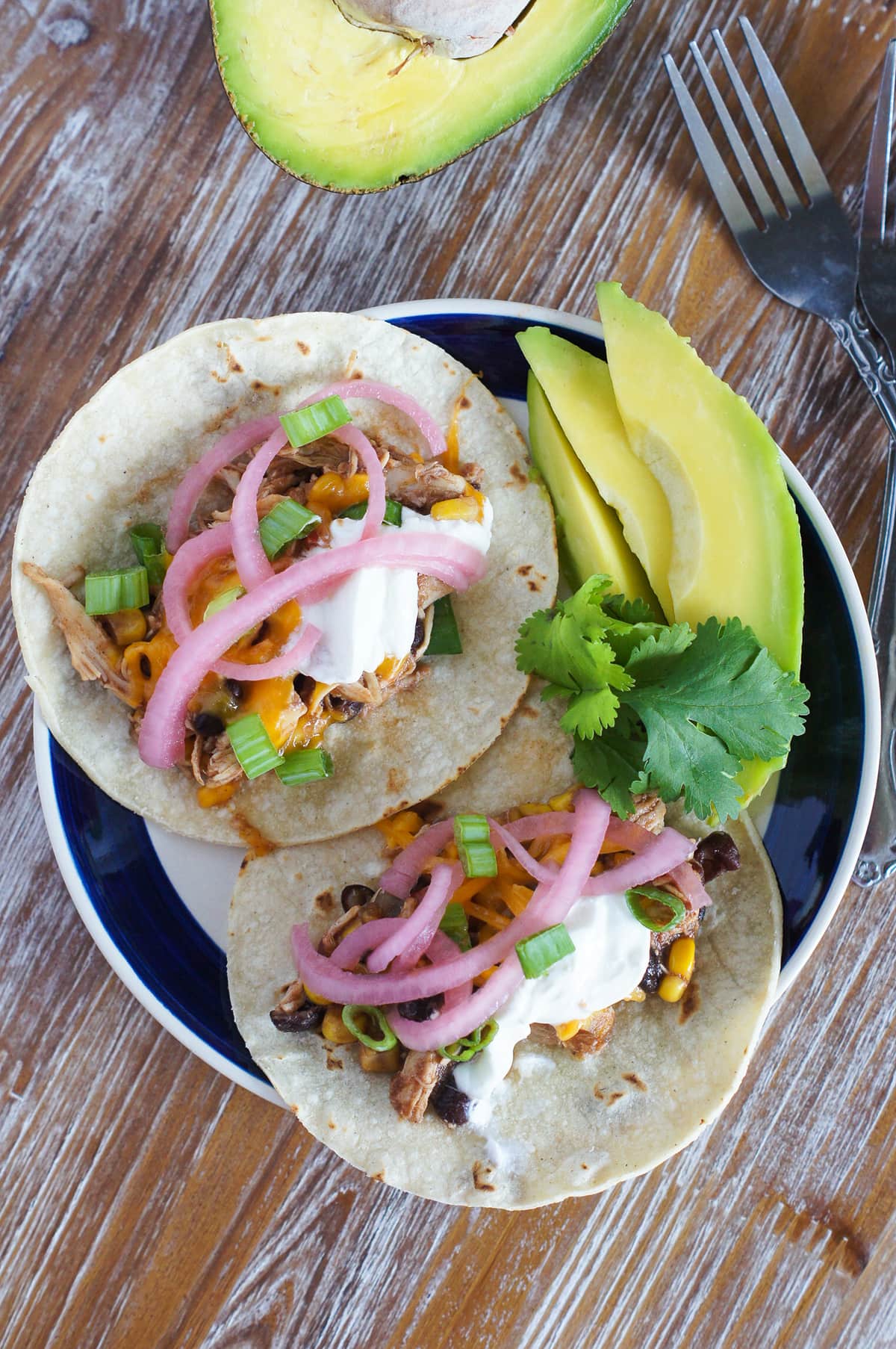 Two chicken chili tacos on a plate with sliced avocado.